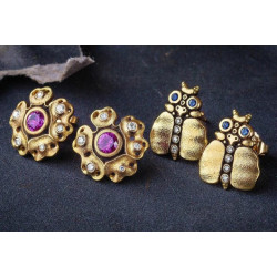 Egyptian Scarab 22K Gold Earrings with Pink and Blue Sapphires and Diamonds