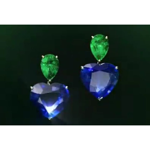 Hearts of Nature 22K Gold Earrings with Kashmir Sapphire and Colombian Emerald